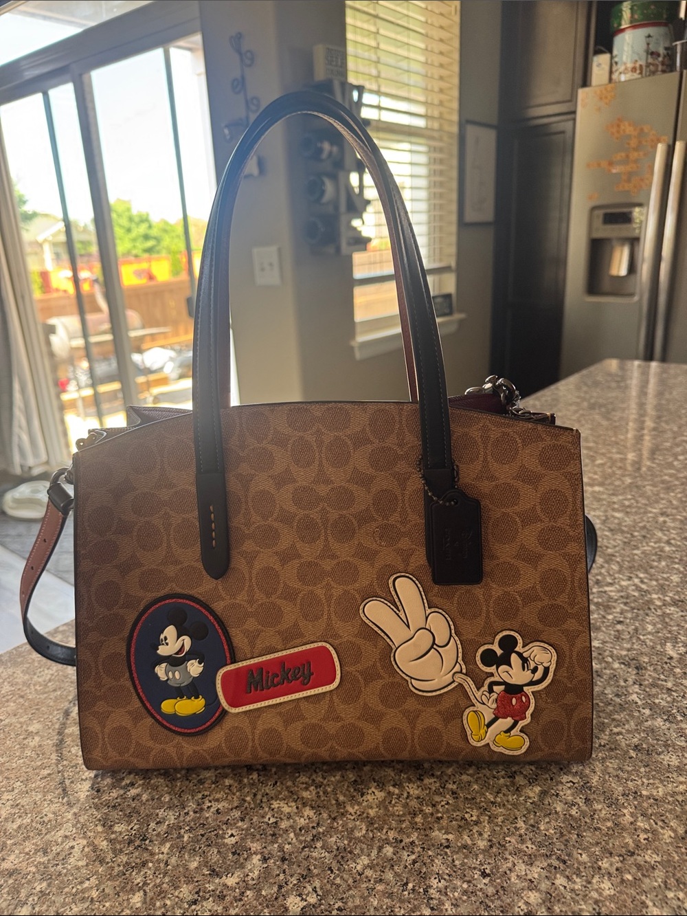 Coach Brown Canvas Mickey Patch Tote with Black Handles